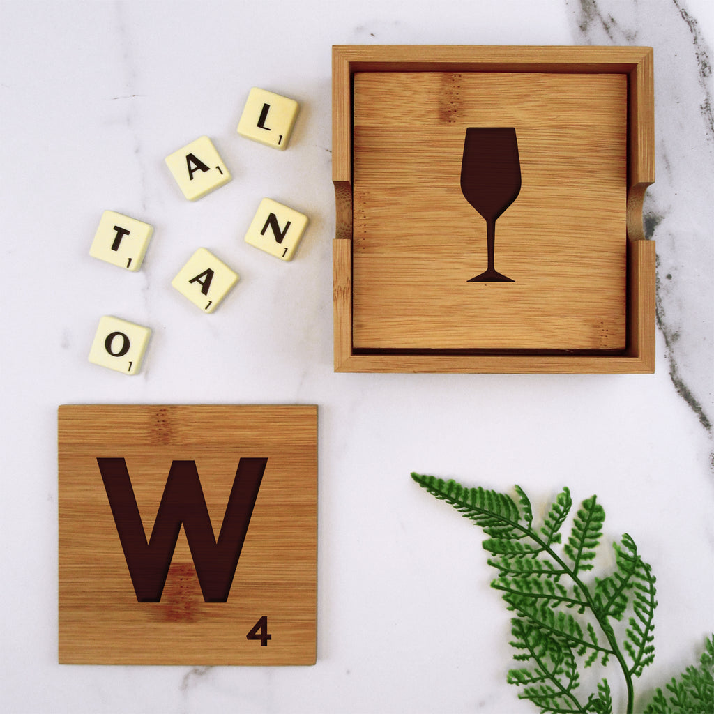 Set of 4 Wooden Scrabble Letter Tile Alphabet Bamboo Drinks Coasters - WINE
