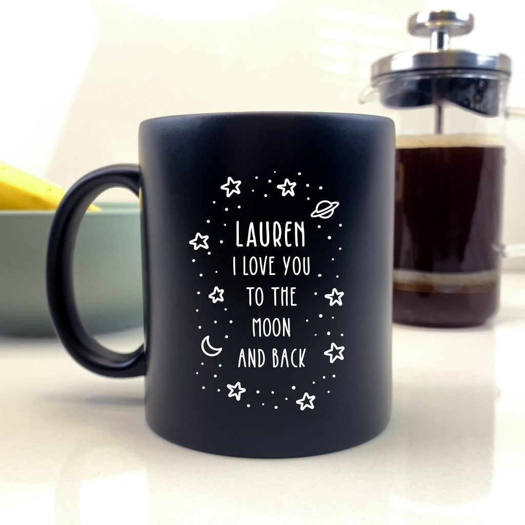 Personalised 'I Love You To The Moon And Back' Black Coffee Mug
