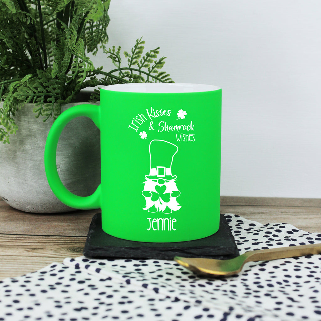 Personalised 'Irish Kisses & Shamrock Wishes' Neon Green Coffee Mug - St. Patrick's Day