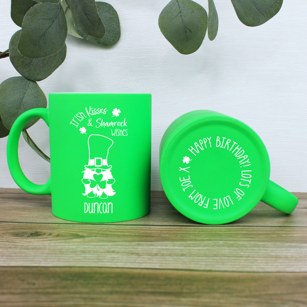 Personalised 'Irish Kisses & Shamrock Wishes' Neon Green Coffee Mug - St. Patrick's Day
