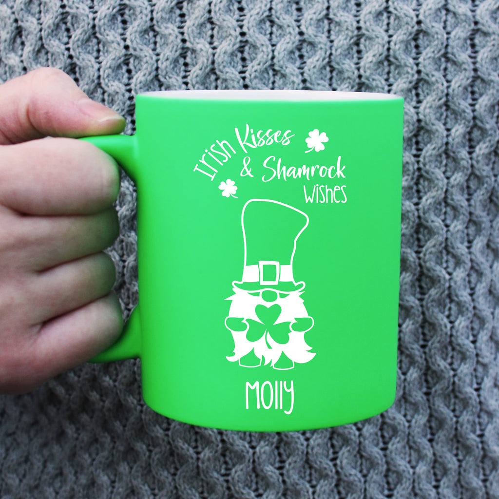 Personalised 'Irish Kisses & Shamrock Wishes' Neon Green Coffee Mug - St. Patrick's Day