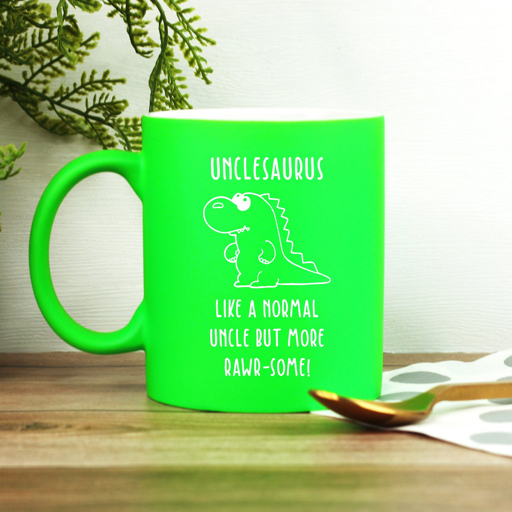 Personalised "Unclesaurus" Neon Green Dinosaur Mug