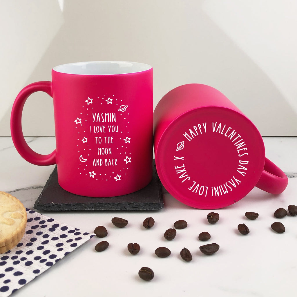 Personalised 'I Love You To The Moon And Back' Neon Pink Coffee Mug