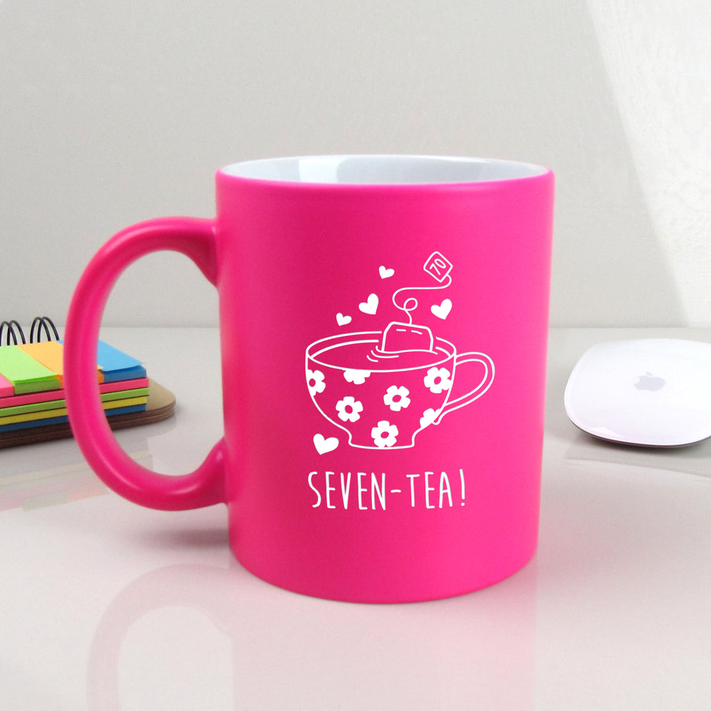Neon Pink Coffee Mug Cup "SEVEN-TEA" Design, 70th Birthday Gift