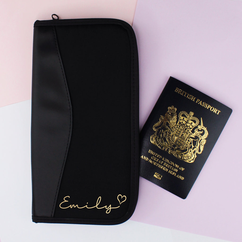 Personalised Black Travel Document Wallet - Any Name & Heart Option