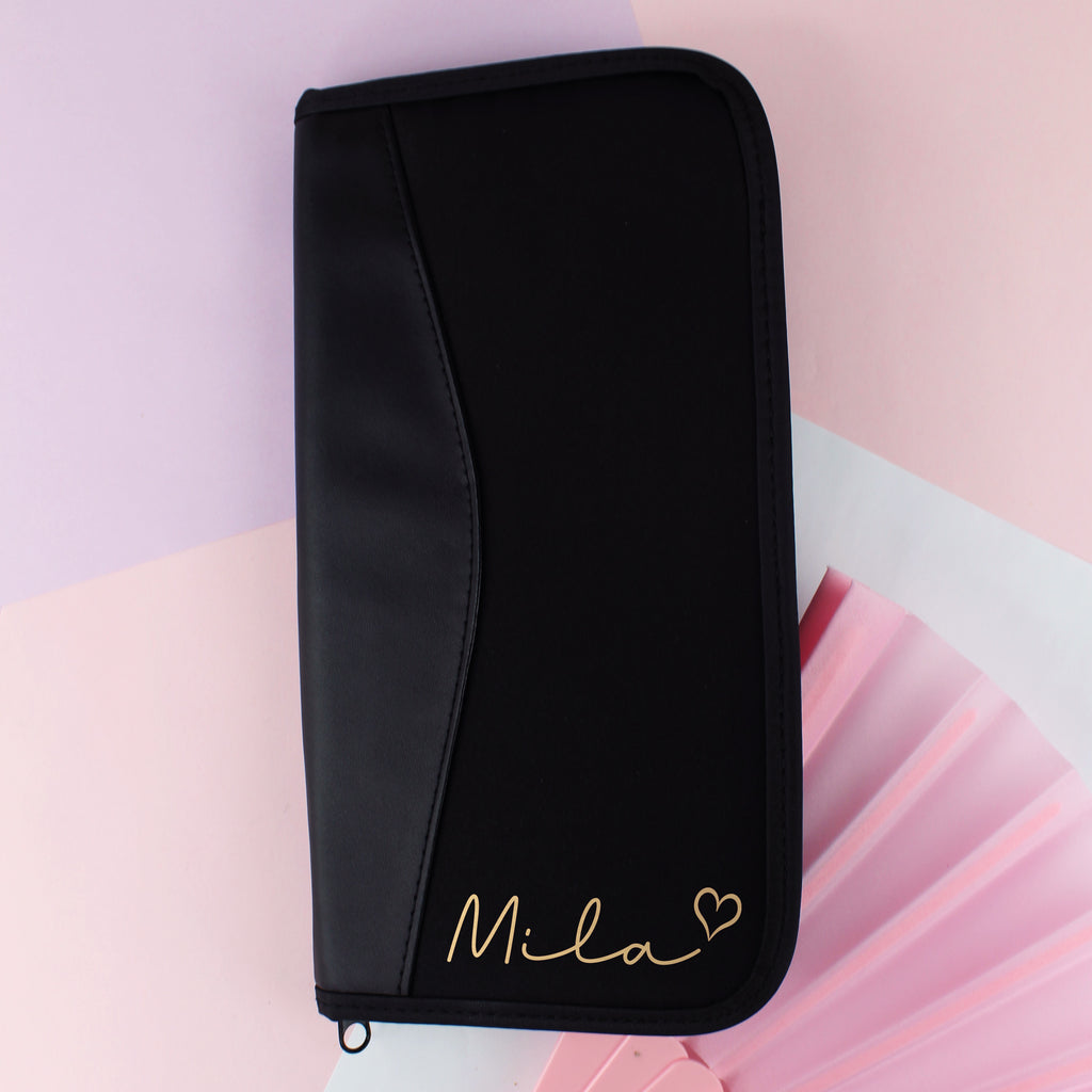 Personalised Black Travel Document Wallet - Any Name & Heart Option