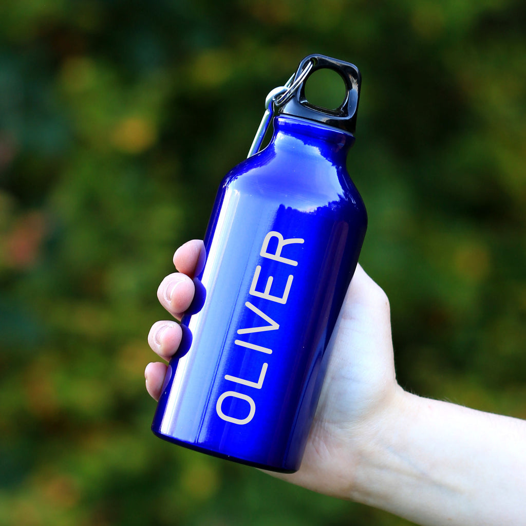 Personalised Engraved Metal Drinks Sports Water Bottle with Carabiner Clip 400ml, Back to School Bottle