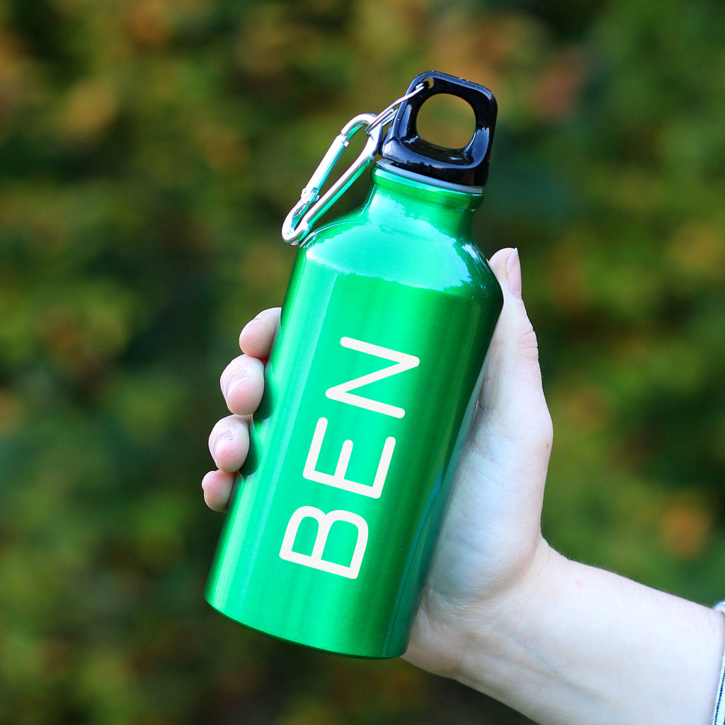 Personalised Engraved Metal Drinks Sports Water Bottle with Carabiner Clip 400ml, Back to School Bottle