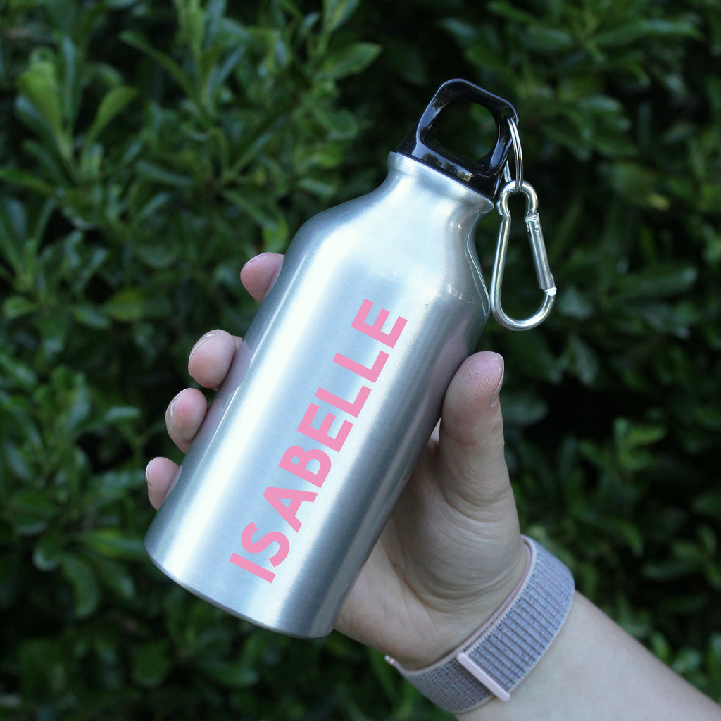 Personalised Kid's 400ml Metal Water Bottle with Carabiner Clip - Any Name