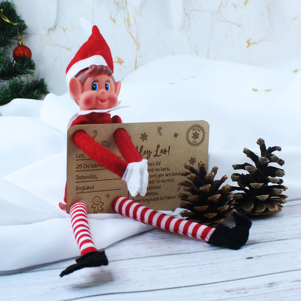 Personalised Wooden Elf Arrival Postcard with Girl or Boy Elf