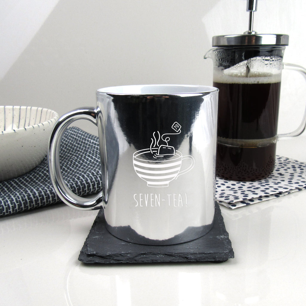 Shiny Silver Coffee Mug Cup "SEVEN-TEA" Design, 70th Birthday Gift for Him