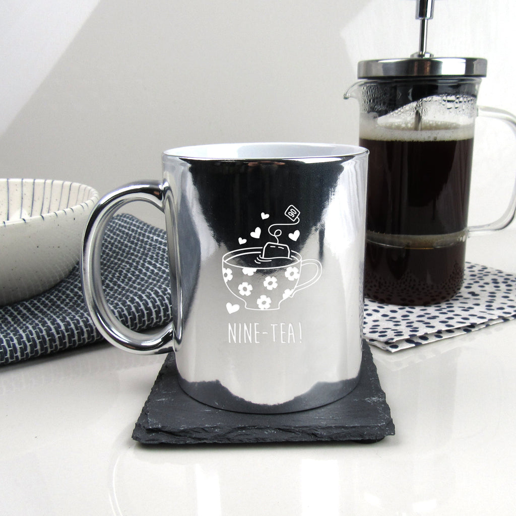 Shiny Metallic Silver Coffee Mug Cup "NINE-TEA" Design, 90th Birthday Gift