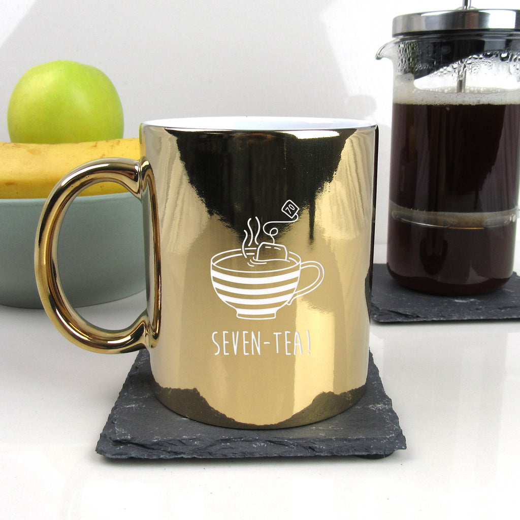 Shiny Gold Coffee Mug Cup "SEVEN-TEA" Design, 70th Birthday Gift for Him