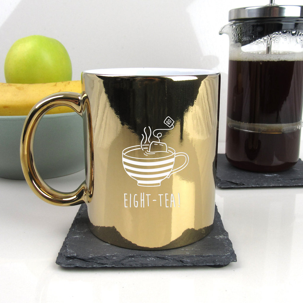 Shiny Gold Metallic Coffee Mug Cup "EIGHT-TEA" Design, 80th Birthday Gift for Him