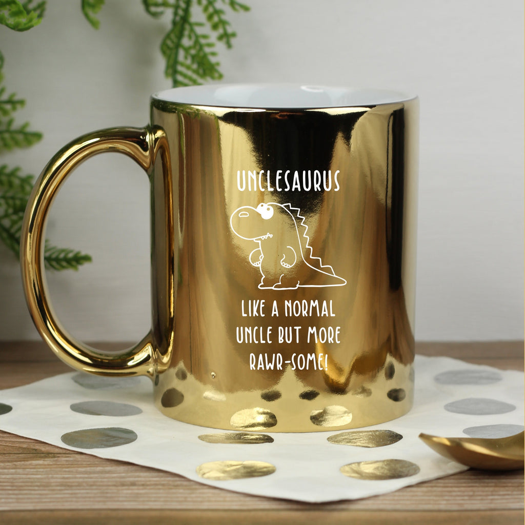 Personalised "Unclesaurus" Metallic Gold Dinosaur Mug