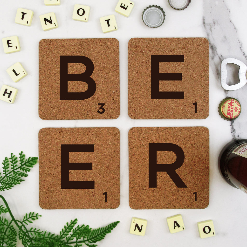 Set of 4 Cork Scrabble Letter Tile Alphabet Drinks Coasters - BEER