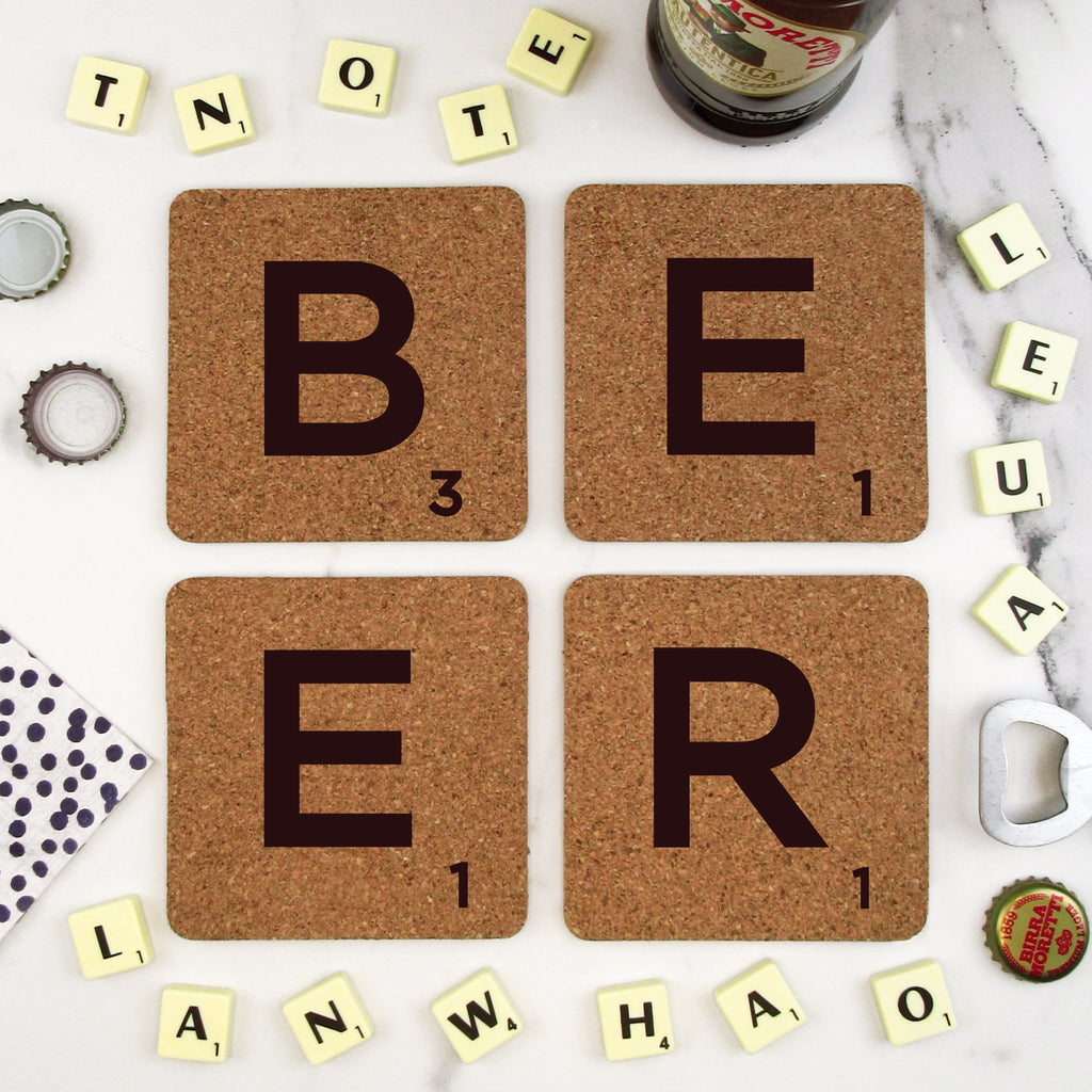 Set of 4 Cork Scrabble Letter Tile Alphabet Drinks Coasters - BEER