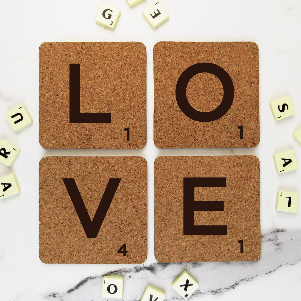 Set of 4 'LOVE' Cork Scrabble Letter Tile Alphabet Drinks Coasters