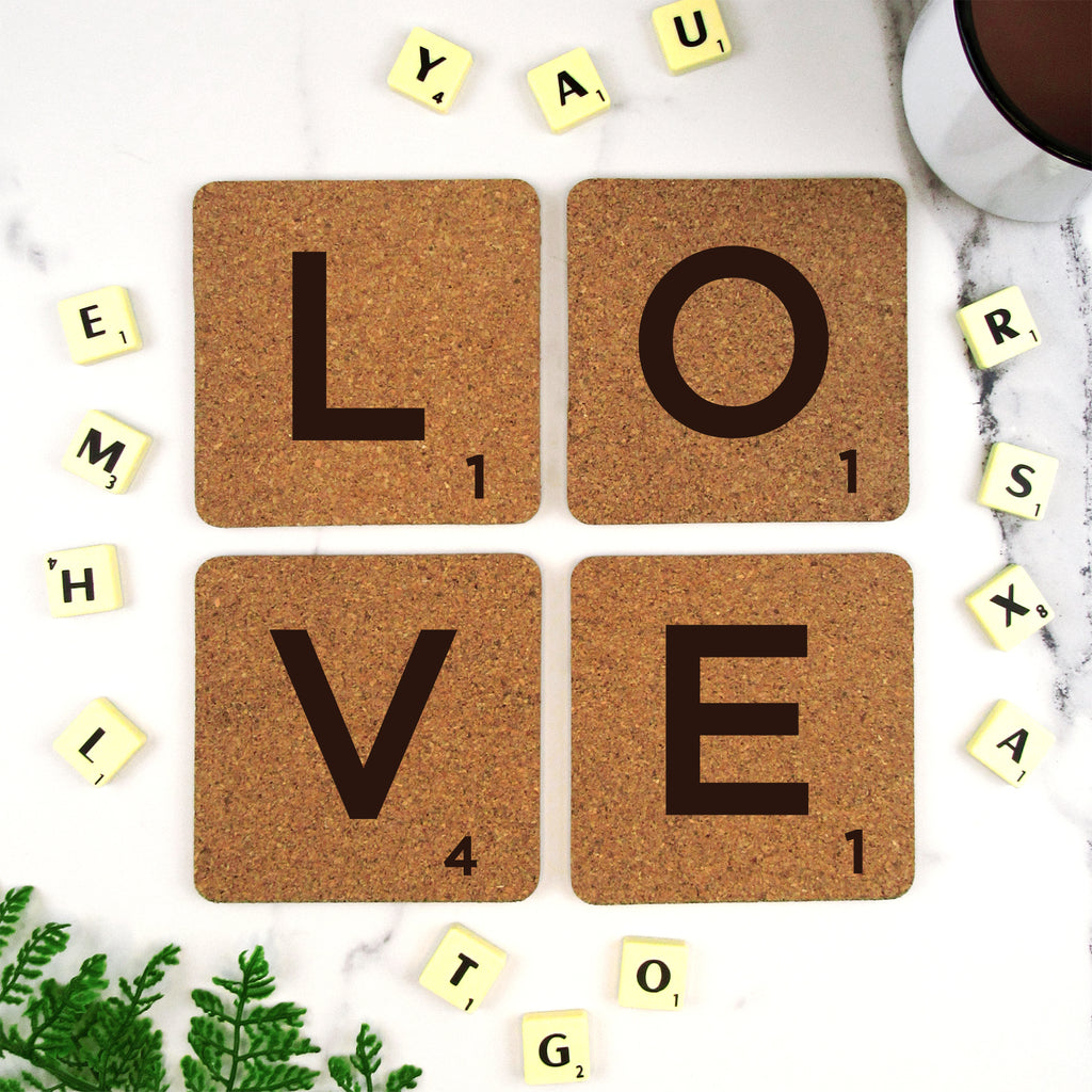 Set of 4 'LOVE' Cork Scrabble Letter Tile Alphabet Drinks Coasters