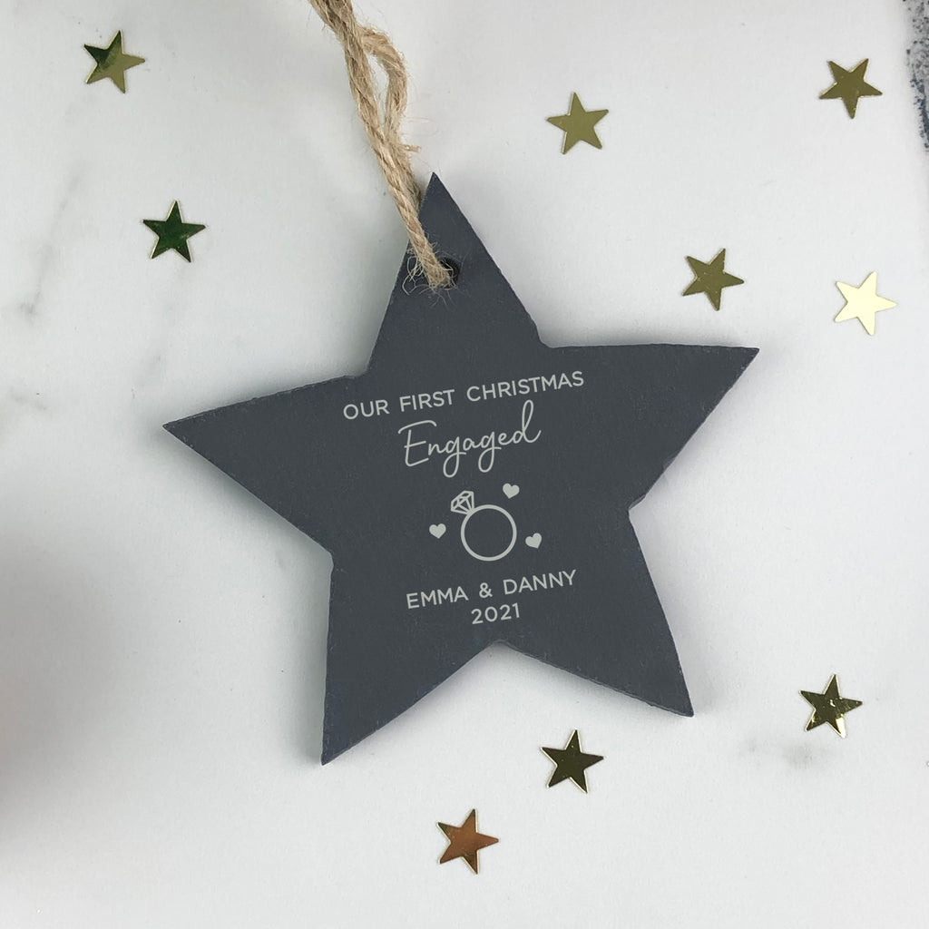 Personalised 'Our First Christmas Engaged' Slate Hanging Heart Decoration