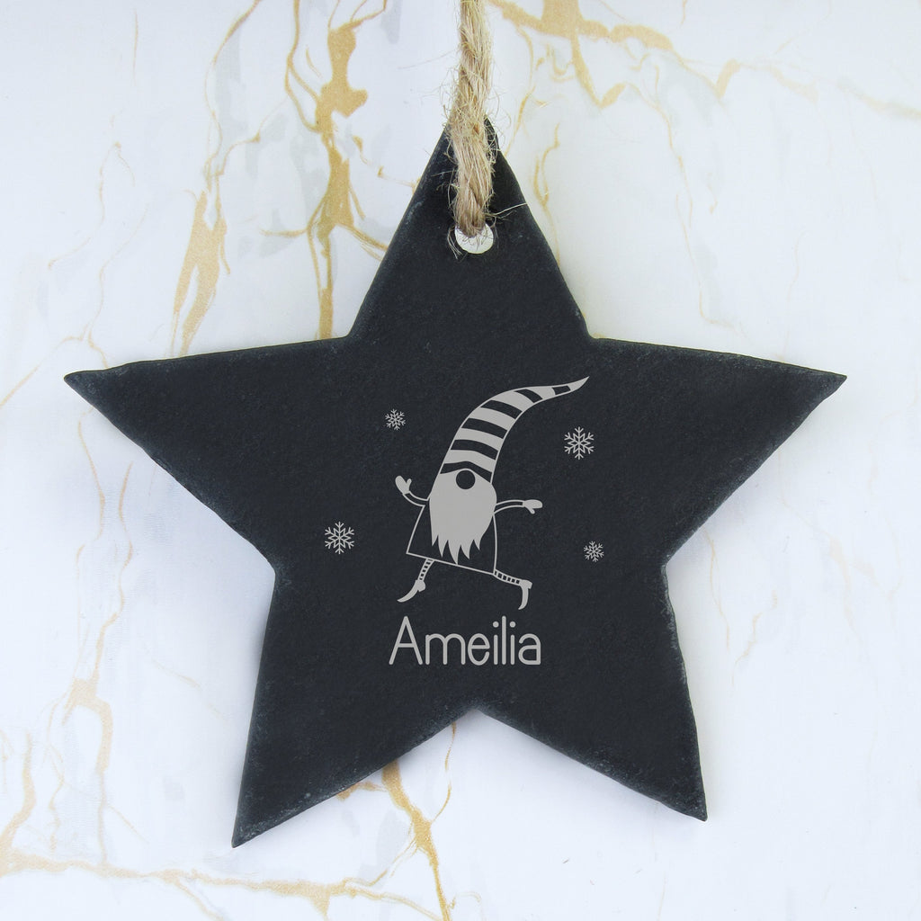 Personalised Christmas Gnome Slate Heart Bauble