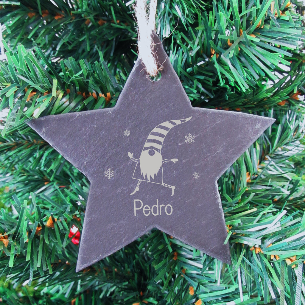 Personalised Christmas Gnome Slate Heart Bauble