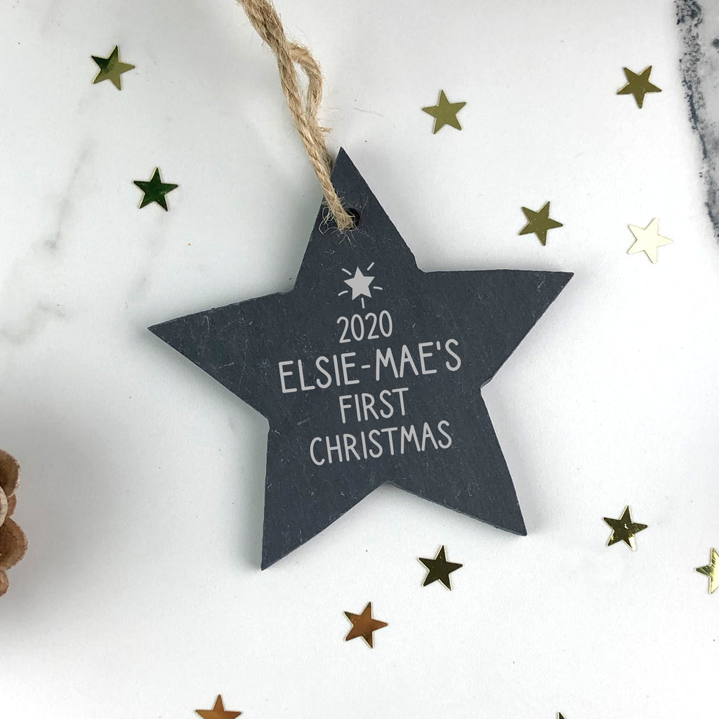 Personalised Baby First Christmas Slate Star Bauble