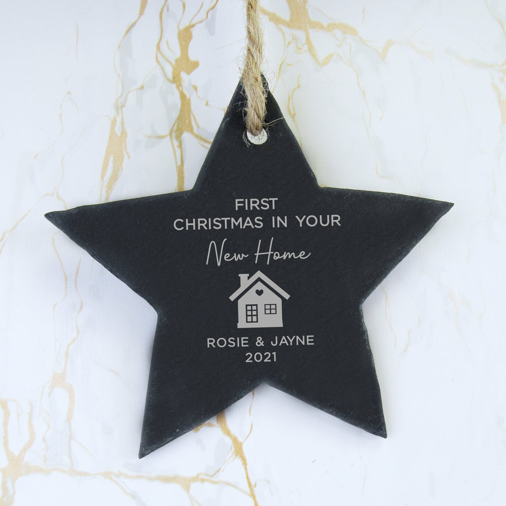 Personalised 'First Christmas in New Home' Slate Hanging Heart Decoration