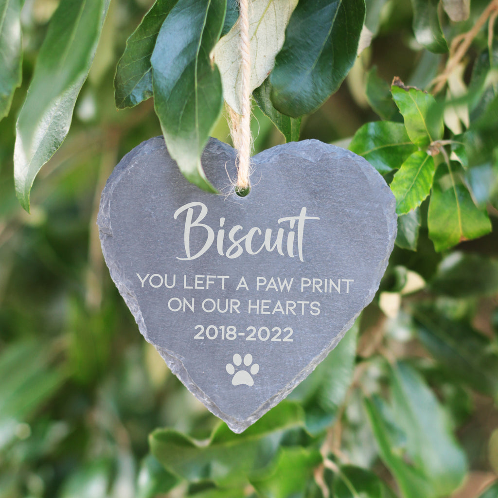 Personalised Slate Hanging Heart Decoration - You Left A Pawprint On Our Hearts