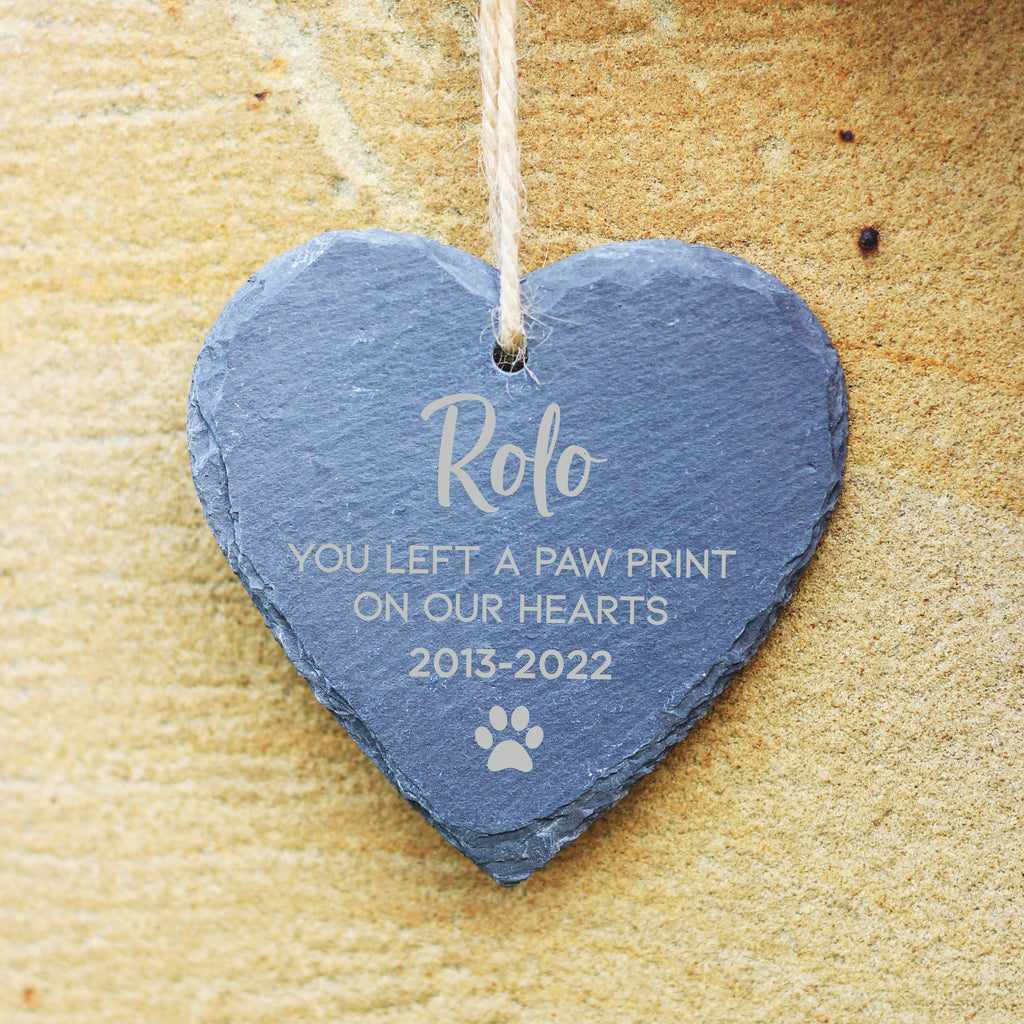 Personalised Slate Hanging Heart Decoration - You Left A Pawprint On Our Hearts
