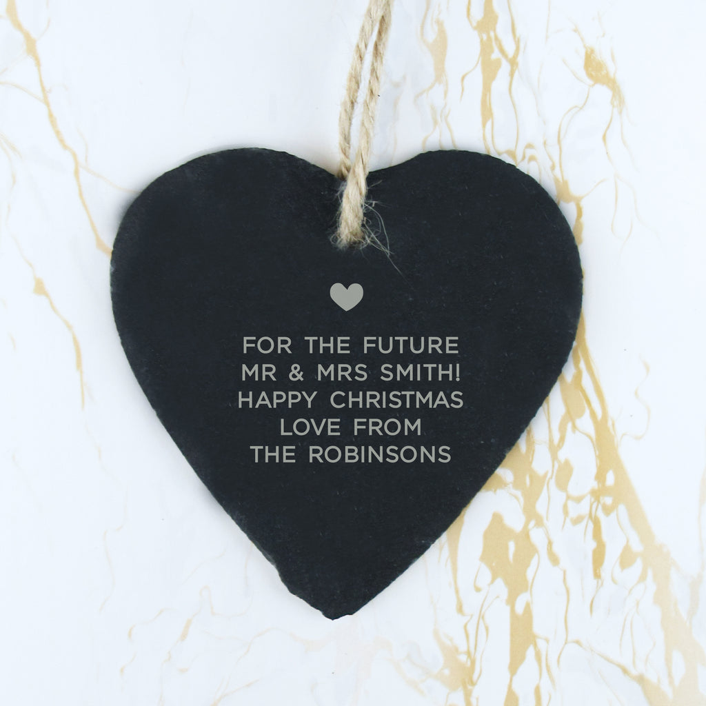 Personalised 'Our First Christmas Engaged' Slate Hanging Heart Decoration