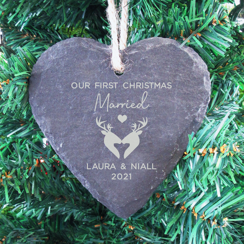 Personalised 'Our First Christmas Married' Slate Hanging Heart Decoration