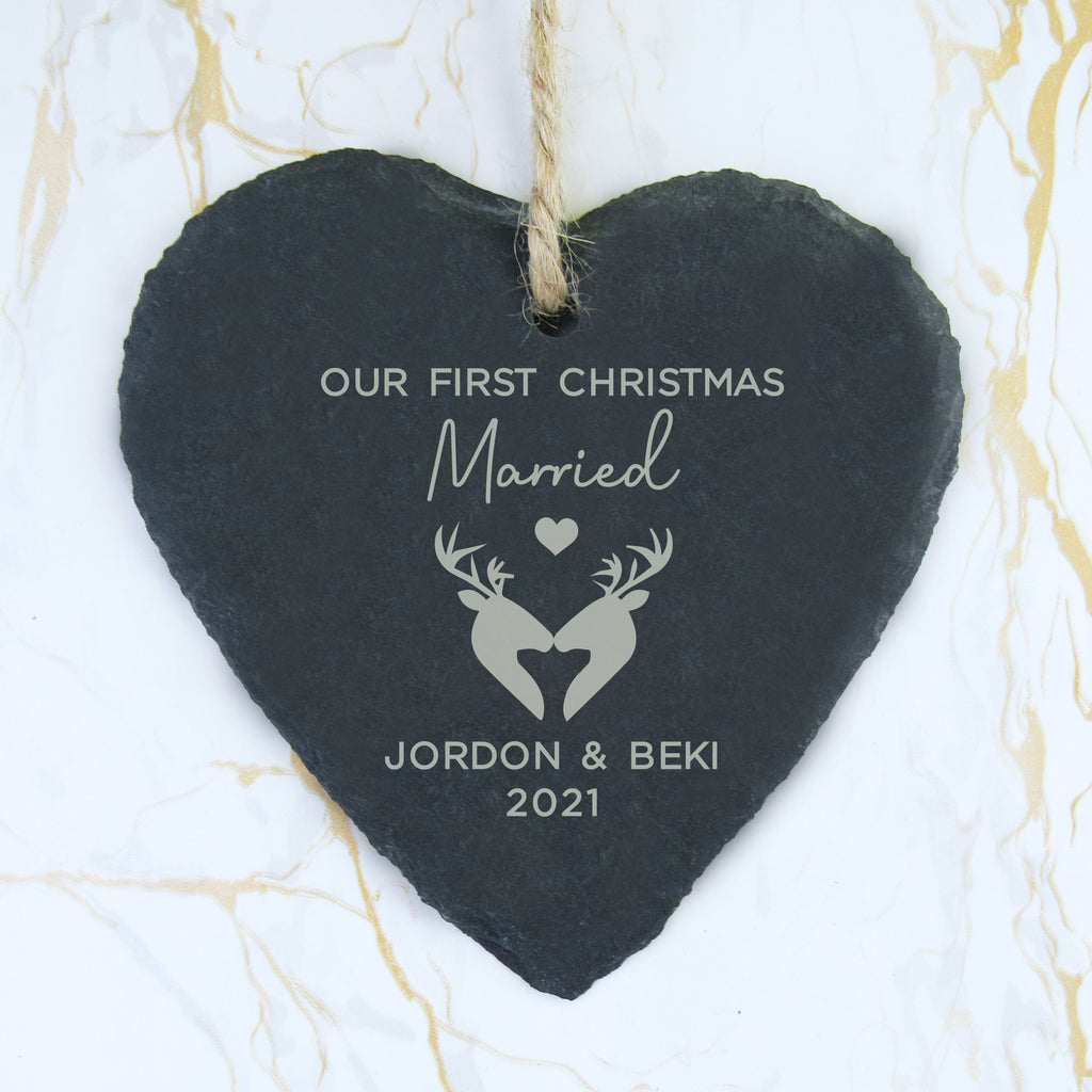 Personalised 'Our First Christmas Married' Slate Hanging Heart Decoration