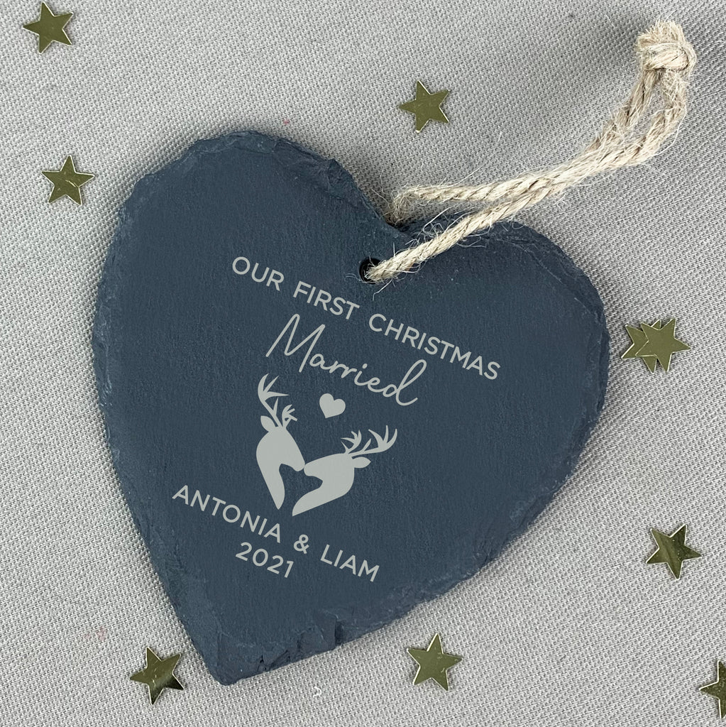 Personalised 'Our First Christmas Married' Slate Hanging Heart Decoration