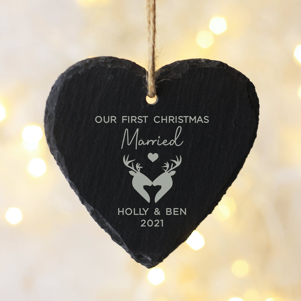 Personalised 'Our First Christmas Married' Slate Hanging Heart Decoration