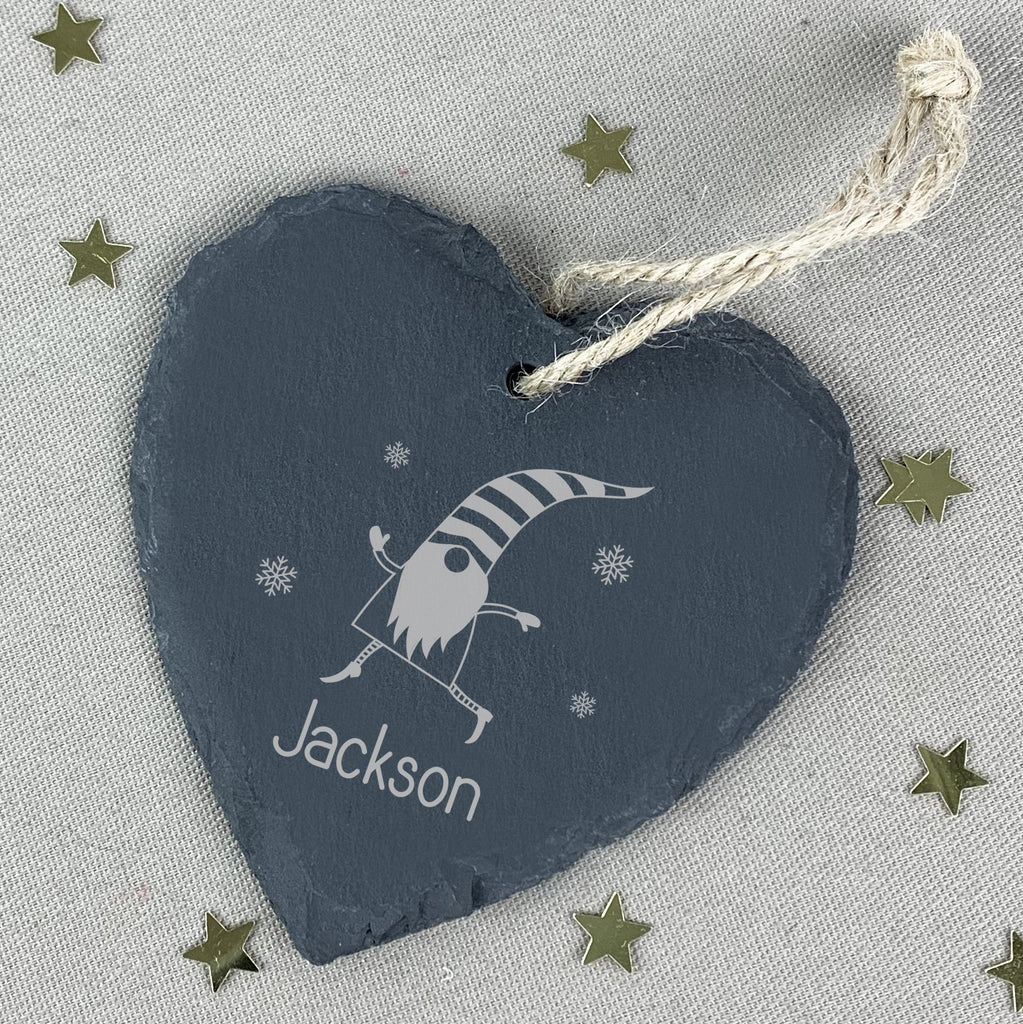 Personalised Christmas Gnome Slate Heart Bauble