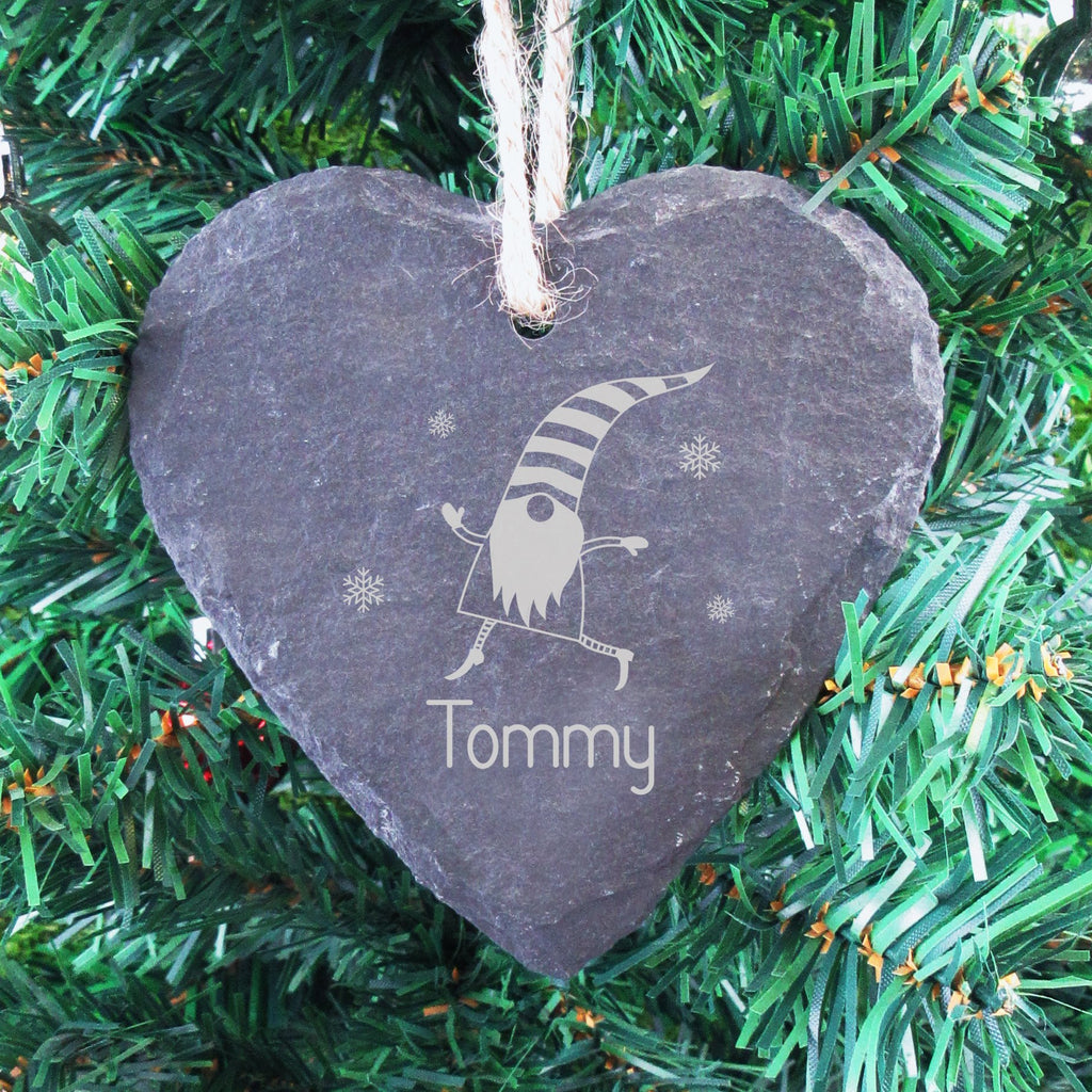 Personalised Christmas Gnome Slate Heart Bauble