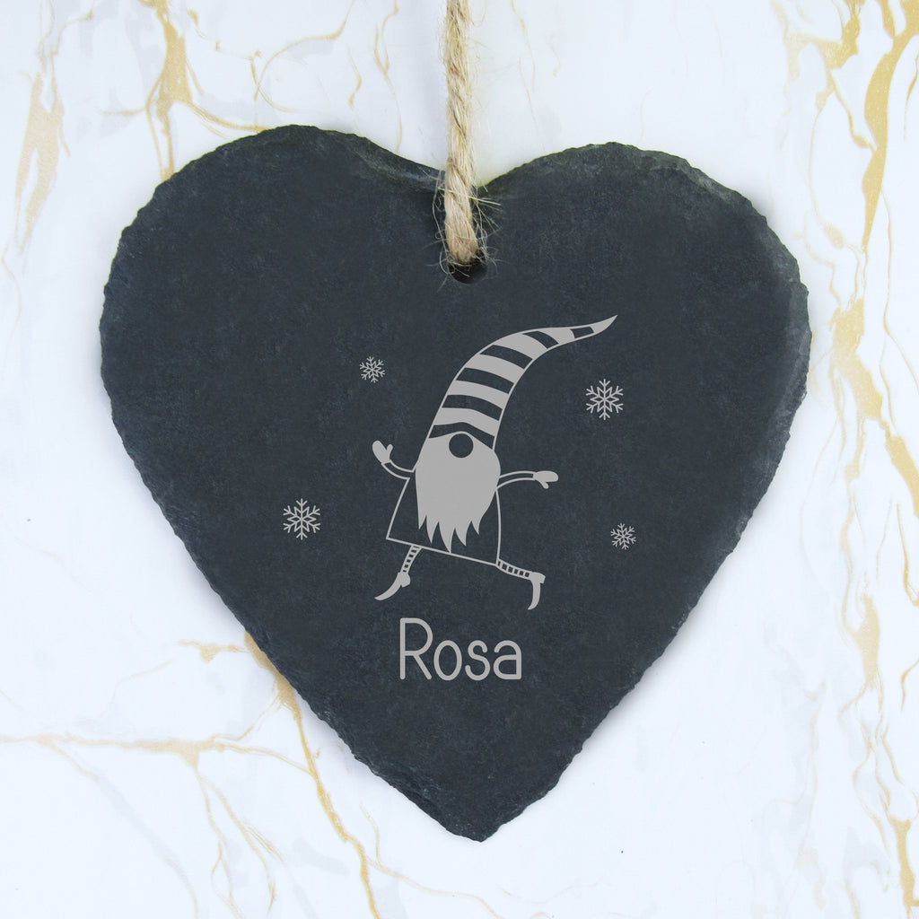 Personalised Christmas Gnome Slate Heart Bauble