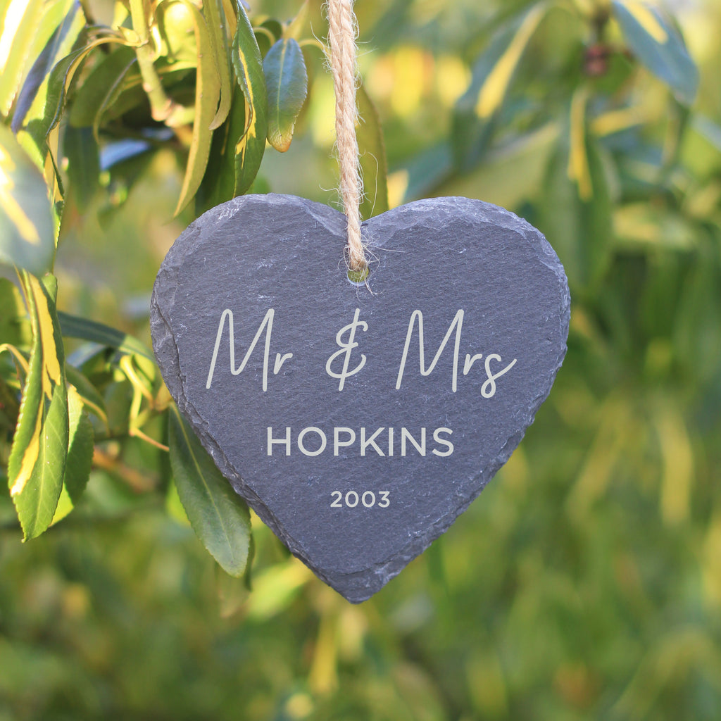 Personalised Slate Hanging 'Mr & Mrs' Heart Decoration