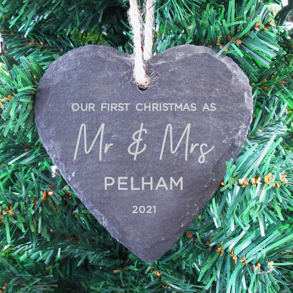 Personalised 'Our First Christmas Mr & Mrs' Slate Hanging Heart Decoration