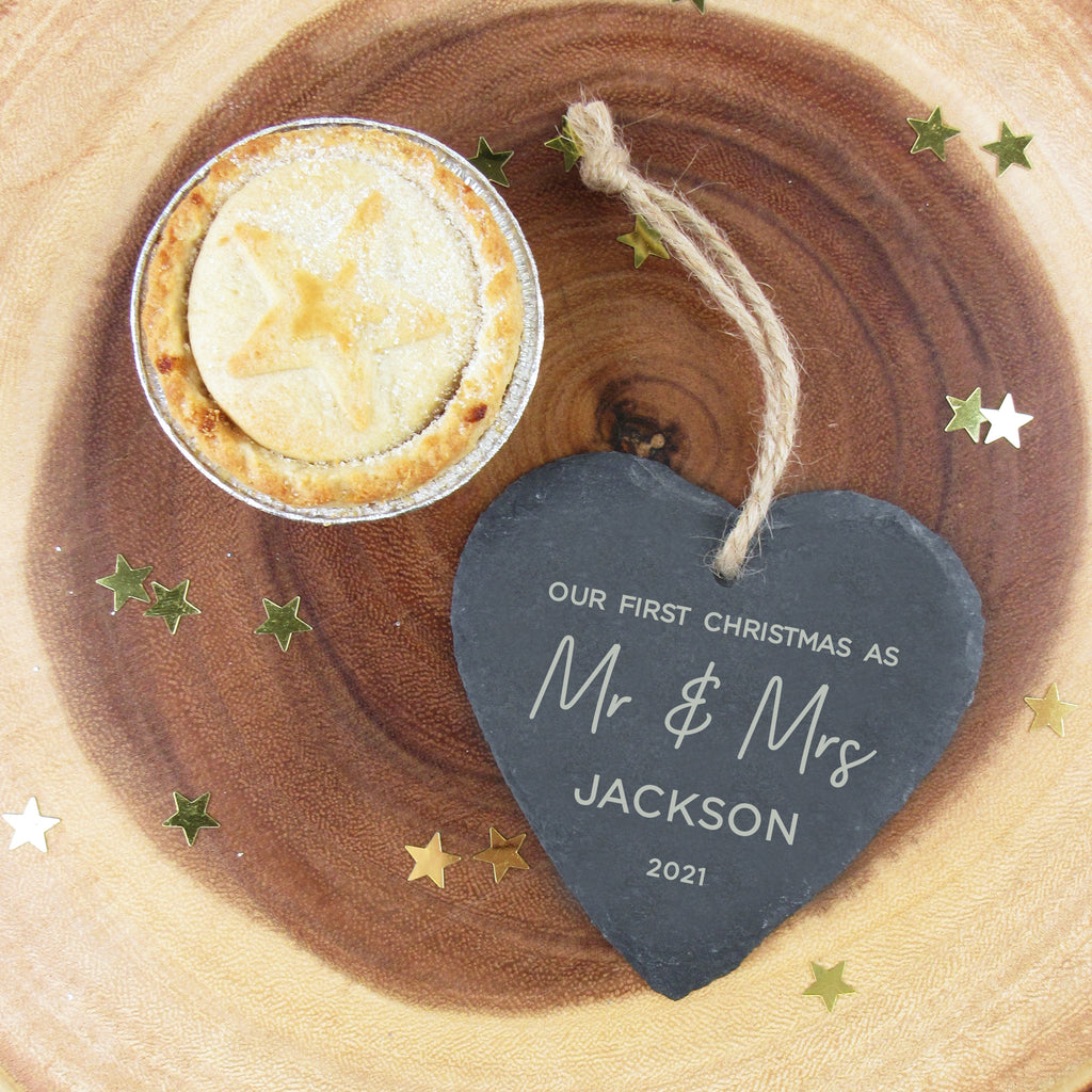 Personalised 'Our First Christmas Mr & Mrs' Slate Hanging Heart Decoration