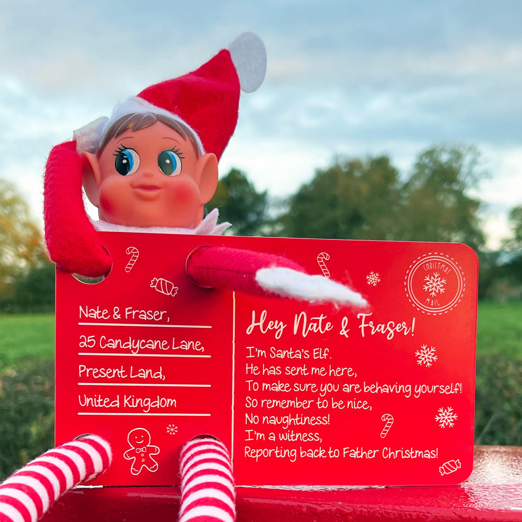 Personalised Red Acrylic Elf Arrival Postcard with Girl or Boy Elf