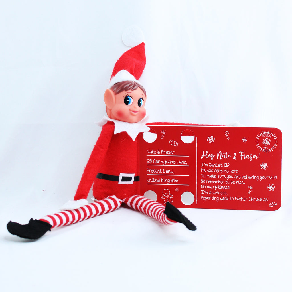Personalised Red Acrylic Elf Arrival Postcard with Girl or Boy Elf