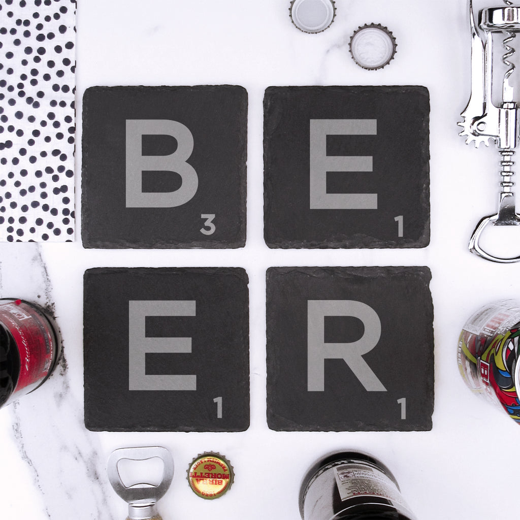 Set of 4 Slate Scrabble Letter Tile Alphabet Drinks Coasters - BEER