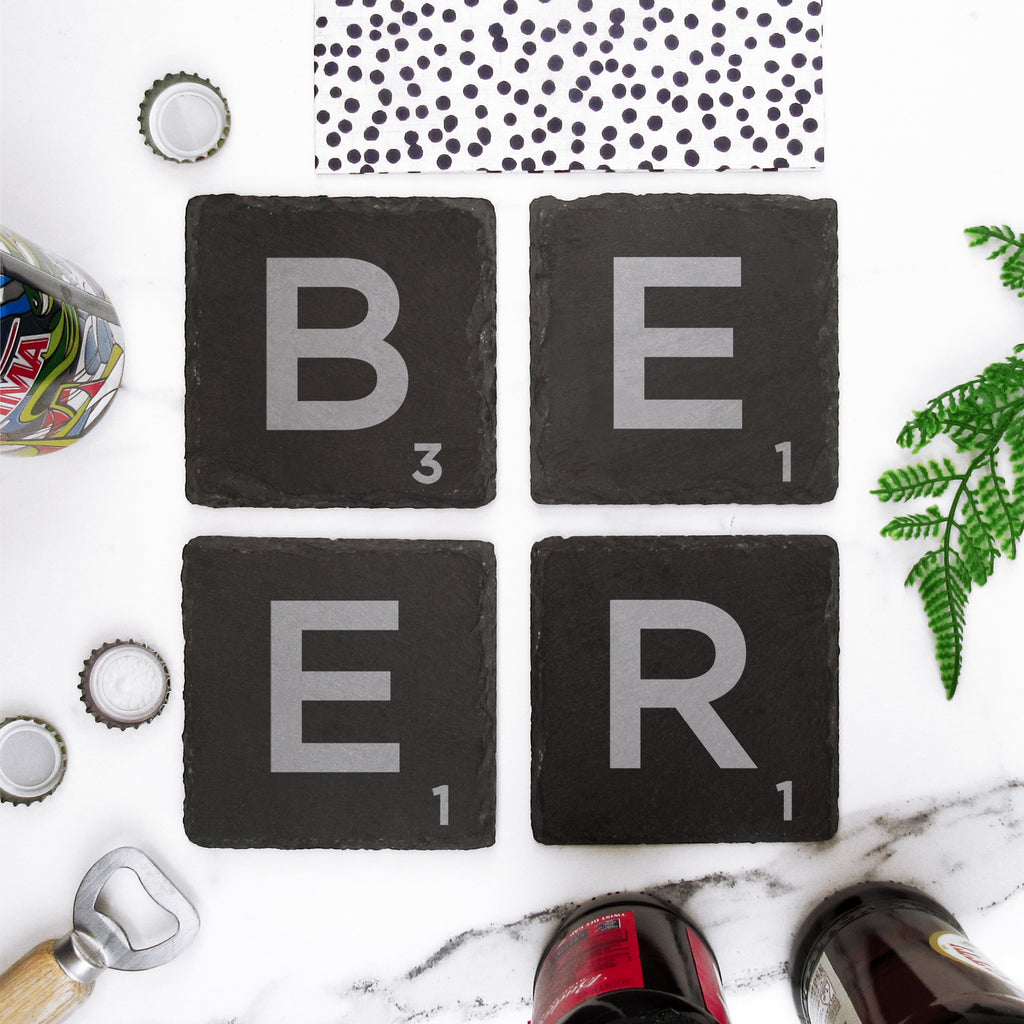 Set of 4 Slate Scrabble Letter Tile Alphabet Drinks Coasters - BEER