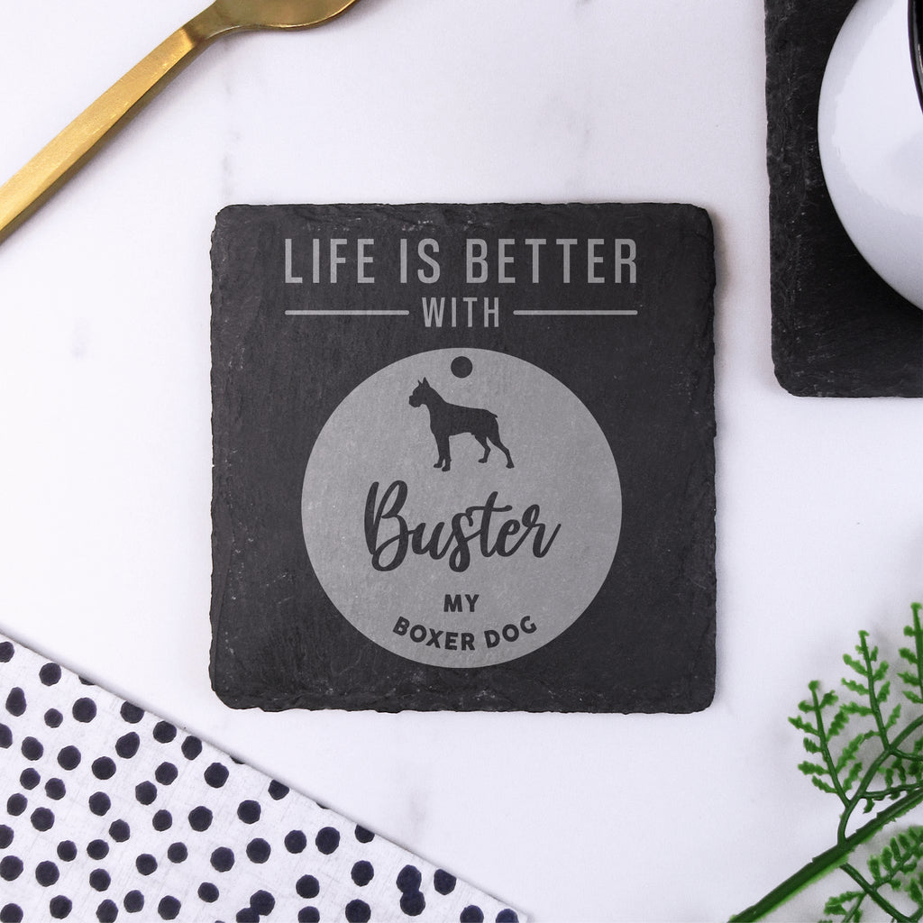 Personalised "Life Is Better With My Rottweiler" Dog Tag Style Square Slate Coaster - Any Dog Breed & Pet Name