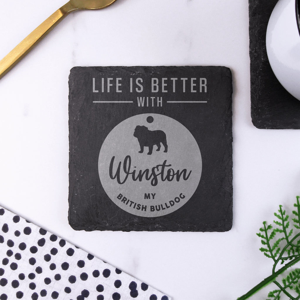 Personalised "Life Is Better With My French Bulldog" Dog Tag Style Square Slate Coaster - Any Dog Breed & Pet Name
