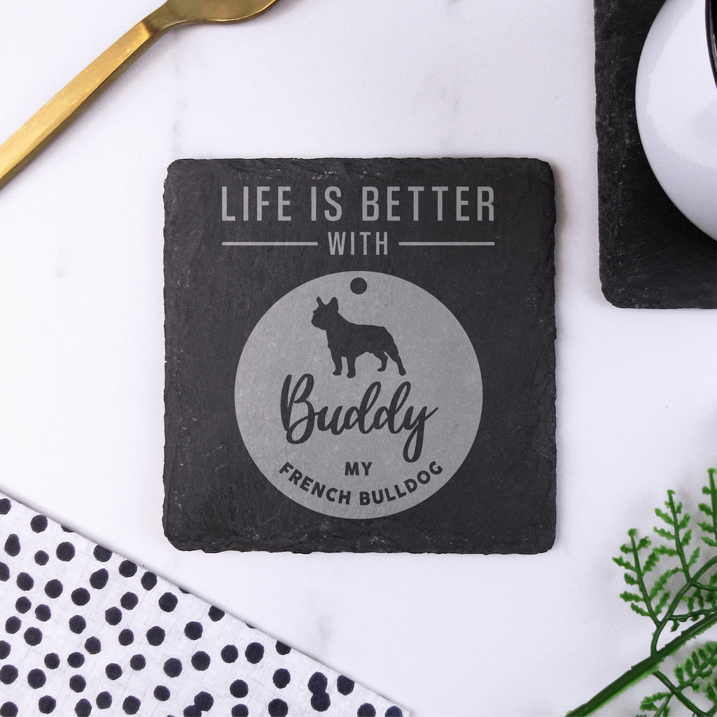 Personalised "Life Is Better With My Boxer" Dog Tag Style Square Slate Coaster - Any Dog Breed & Pet Name