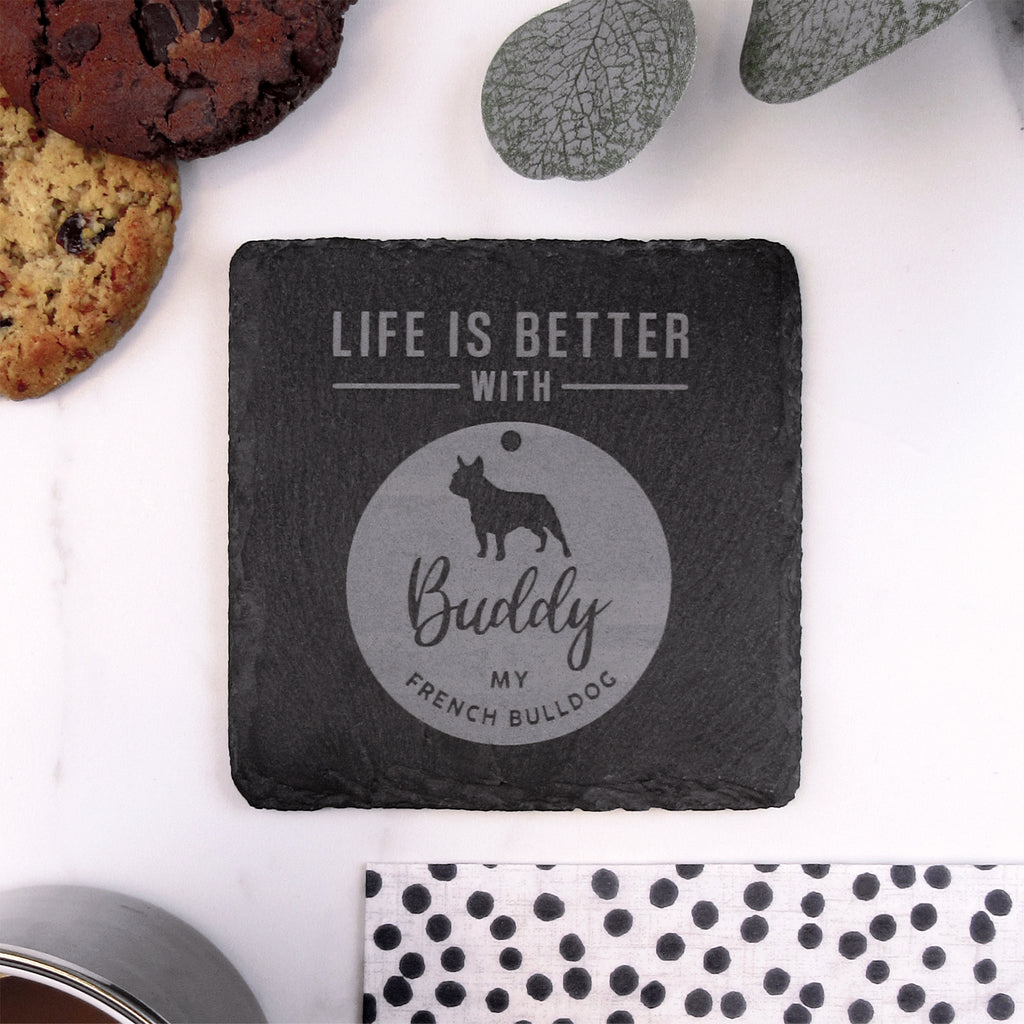 Personalised "Life Is Better With My Golden Retriever" Dog Tag Style Square Slate Coaster
