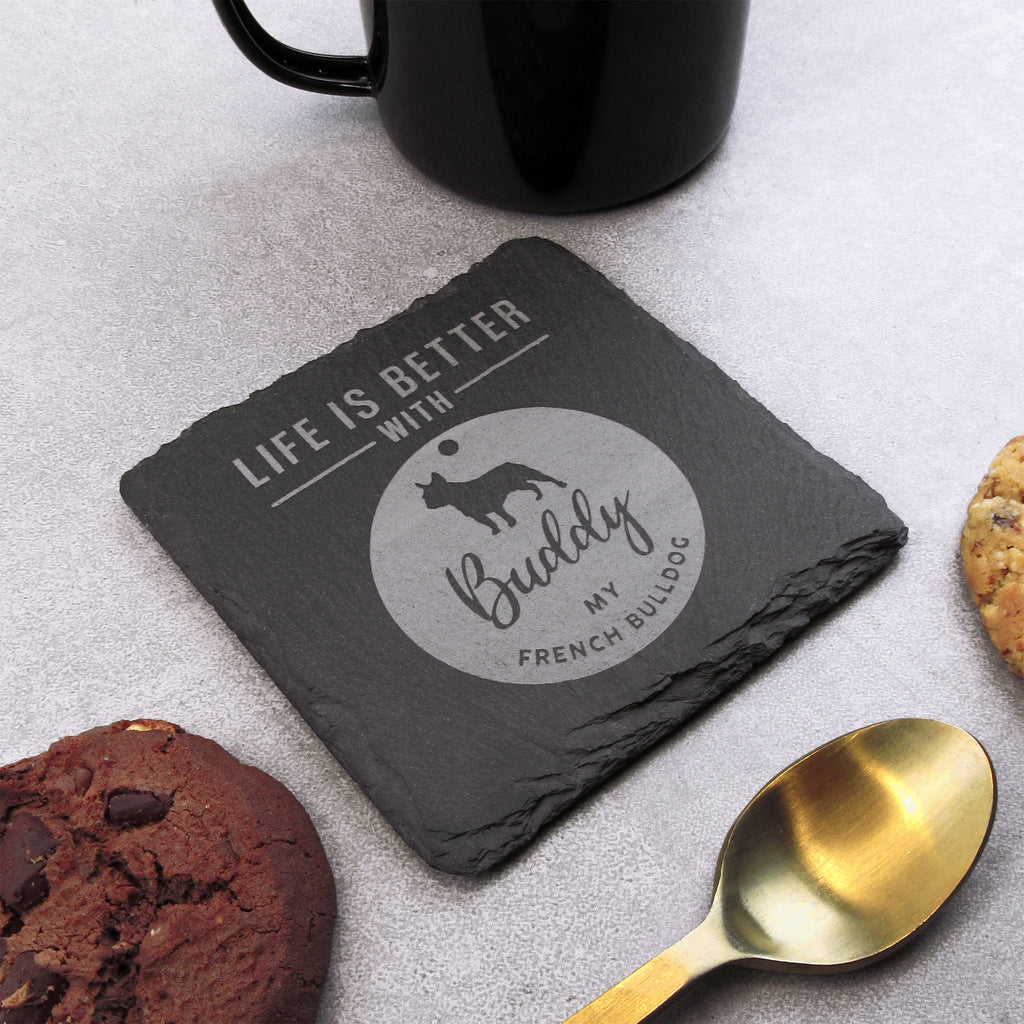 Personalised "Life Is Better With My British Bulldog" Dog Tag Style Square Slate Coaster - Any Dog Breed & Pet Name